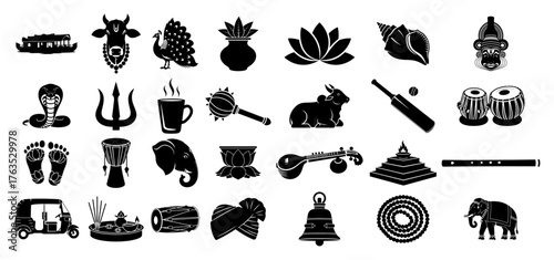 Indian Culture Icon Set Traditional Symbols Travel and Festival Elements Black and White Vector