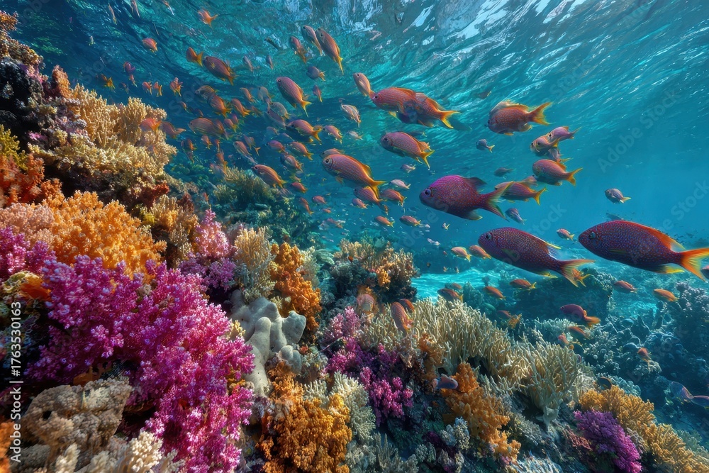 Fototapeta premium Colorful reef with fish swimming in the crystal blue ocean waters. Showcase underwater beauty, marine life, and the importance of conservation.