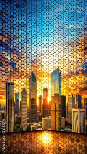 Geometric Mosaic Cityscape at Sunset