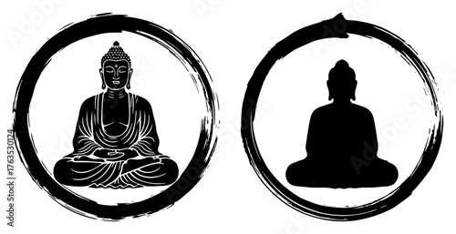 Meditating Buddha inside Zen enso circle vector icon set Buddhism meditation and enlightenment symbol