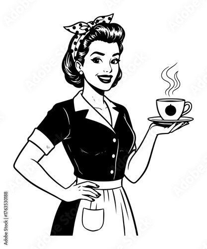 Retro 1950s Waitress with Coffee. Vintage Woman Housewife Character for Diner or Cafe Logo