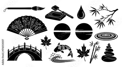 Japanese Zen Garden and Culture Icon Set. Asian Symbols with Koi Fish Bamboo and Calligraphy Vector
