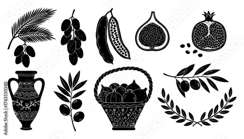 Mediterranean Food and Symbols Vector Set. Ancient Greek Harvest with Olive Branch Figs and Dates Silhouette