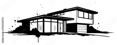 Modern house silhouette with ink splashes. Real estate vector logo