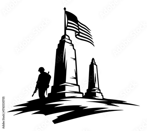 Soldier at War Memorial Silhouette. Patriotic US Military Tribute for Veterans Day