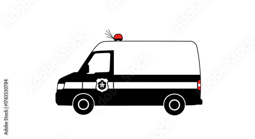 Minimalist side view police van with siren in black and white silhouette design