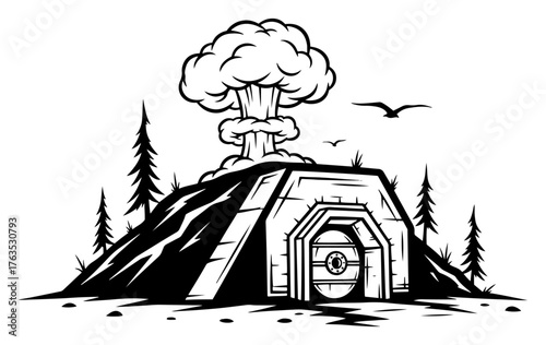Nuclear explosion over apocalypse bunker vector illustration Post-apocalyptic fallout shelter logo concept
