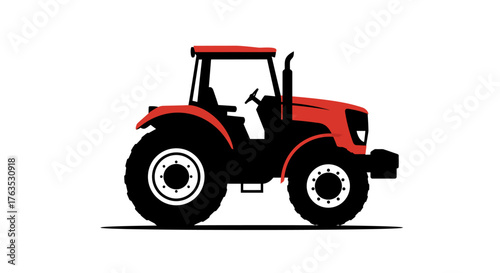 Red tractor silhouette on white background: farming vehicle design