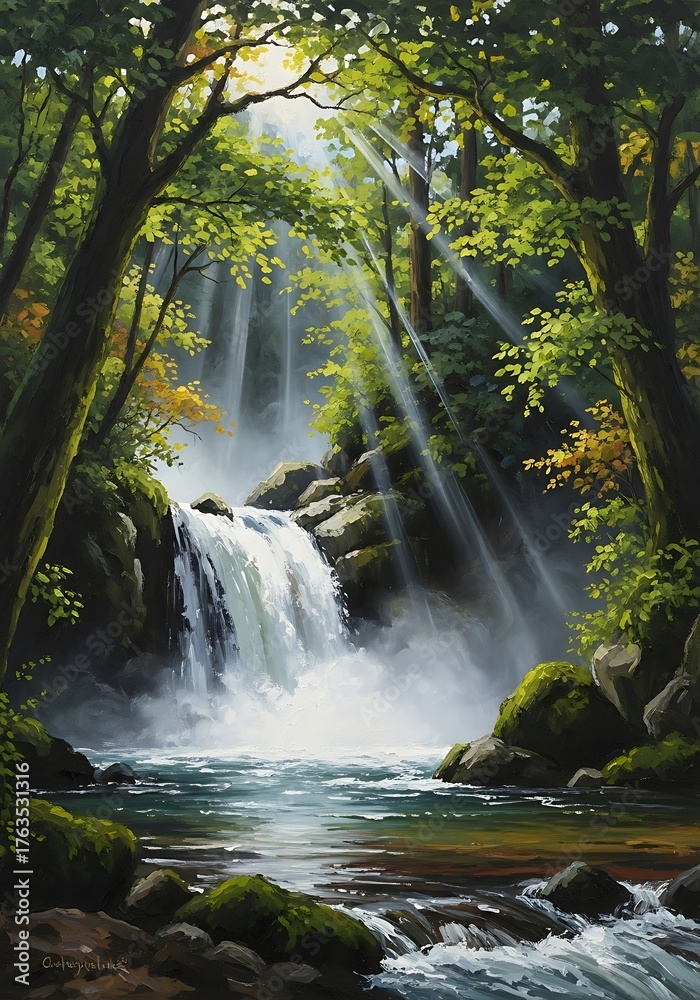 Naklejka premium Serene Waterfall Scene - Sunlight Through Forest Canopy.