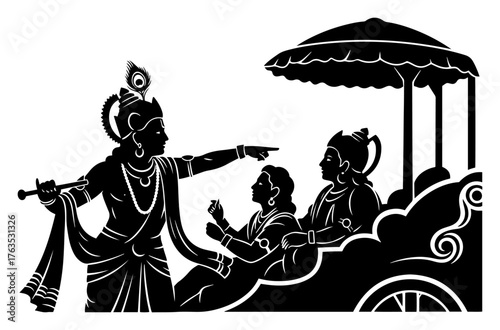 Lord Krishna giving guidance to Arjuna in the chariot. Scene from Mahabharata Bhagavad Gita vector silhouette