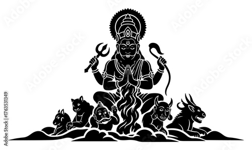 Fierce Hindu God with demons and spirits vector silhouette. Indian mythology spiritual character