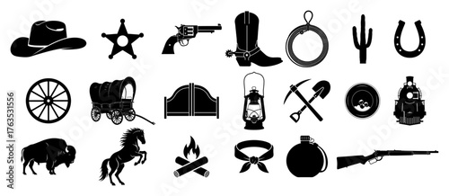 Wild West and cowboy vector icon set American western symbols collection