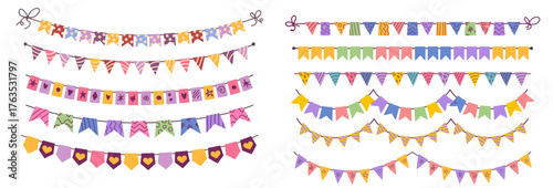 Colorful birthday garland set with hand drawn flags and bunting lines. Festive doodle vector with paper and cloth pennants for party, fair, or celebration decoration. Isolated on white background