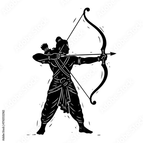 Lord Rama Archer Aiming Bow and Arrow Epic Ramayana Warrior Silhouette Black and White Vector