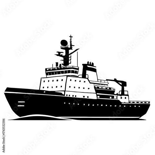 Striking monochromatic vector art depicting a sturdy ice-class ship, potentially an Arctic supply vessel or polar research icebreaker, equipped with advanced navigation systems and a heavy-duty crane