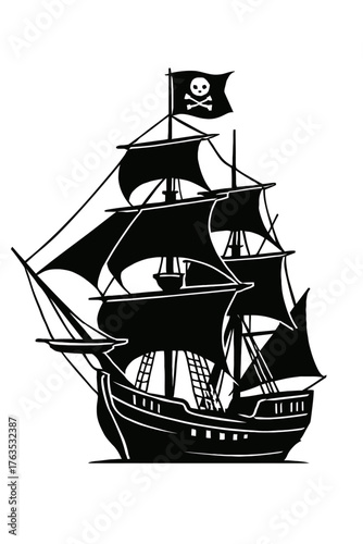 Black silhouette pirate ship vector with Jolly Roger flag. Iconic sailing vessel representing high seas adventure, treasure hunts, daring buccaneers, maritime exploration, freedom