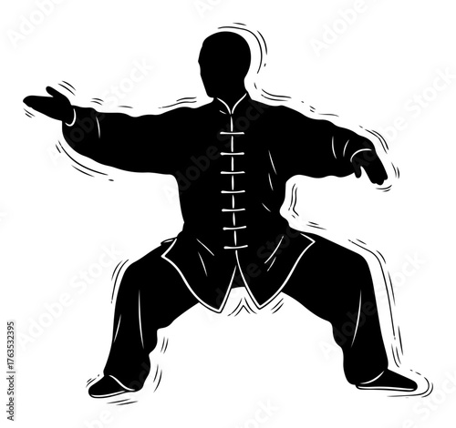 Tai Chi master practicing martial arts vector silhouette. Kung Fu pose illustration