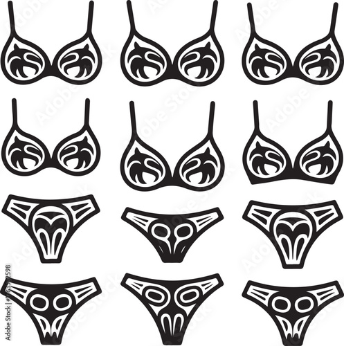 A large collection of women's bras and panties decorated with a unique, ethnic, and ornamental tribal art-inspired pattern