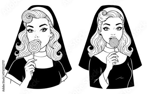 Sexy nun licking a lollipop vector illustration. Bad habit pop art style portrait set