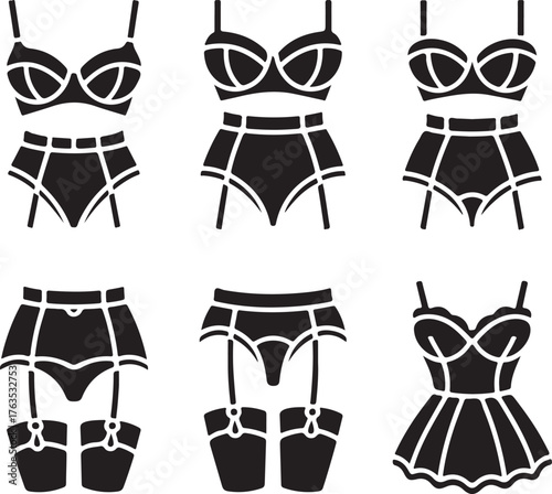 A classic collection of women's intimate apparel, featuring lingerie sets, garter belts with stockings, and a babydoll negligee