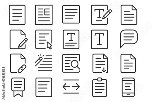 Set of icons representing document editing and communication concepts  