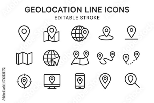 Geolocation line icons in editable stroke on transparent background  