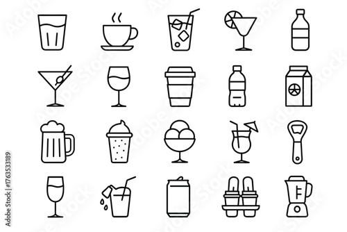 Set of drink icons on a transparent background in minimalist style  