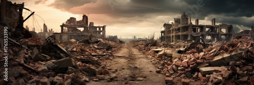 Devastated cityscape  a nuclear war aftermath with ruins, chaos, and flaming structures