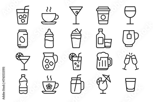 Set of beverage icons in minimalist style on transparent background  