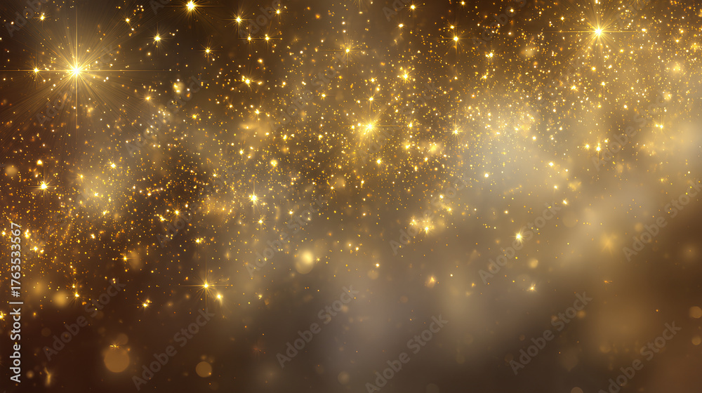 Fototapeta premium golden glittering light effect sparkles on festive background with shimmer glow magic star confetti holiday particle flare card fantasy illustration celebration bright shine