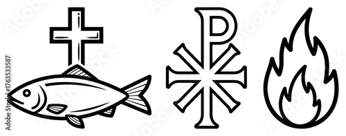 Set of Christian symbols. Fish with cross Chi Rho and Holy Spirit flame vector icons