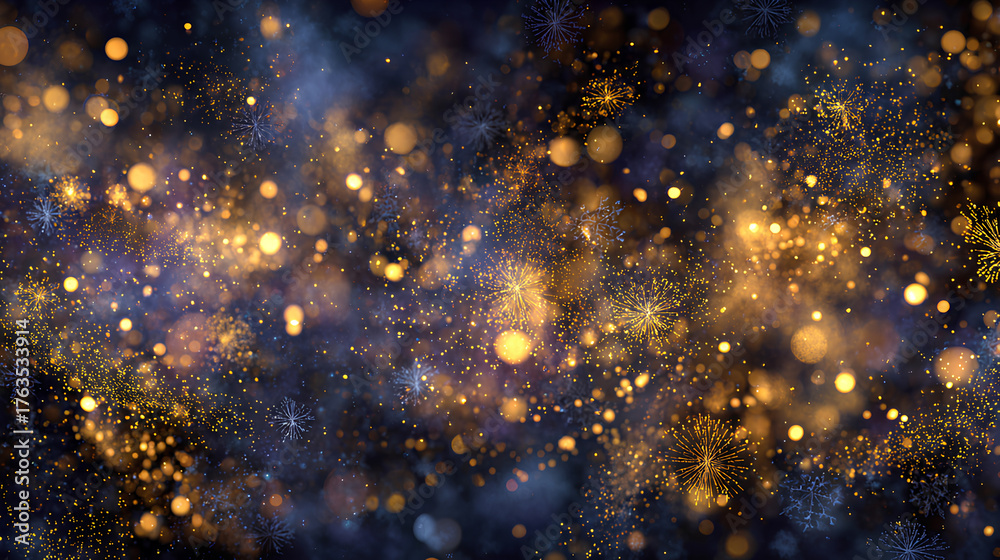 Obraz premium Golden illumination with shimmering particles. Lights and glowing pollen give the design a festive Christmas glow. Stock Illustration