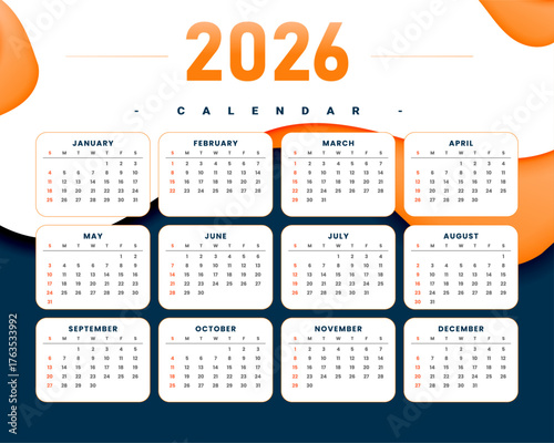 Modern 2026 calendar design with orange accents and clean layout for planning and organization