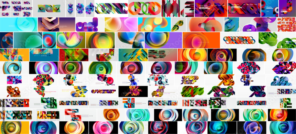 Fototapeta premium Grid displays diverse abstract colorful images. Shapes include circles, lines, patterns, vibrant hues dominate composition.
