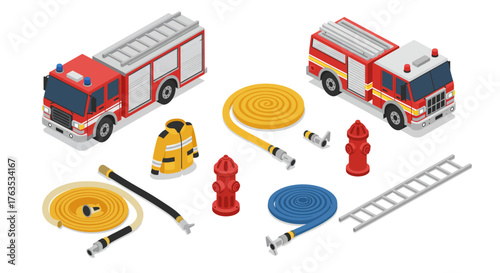 Isometric firefighting equipment collection with trucks and accessories