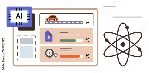 Chart tracking car performance, fuel, tire health, powered by AI microchip, atomic science concept. Ideal for AI, technology, automotive research innovation data analysis efficiency. Simple flat
