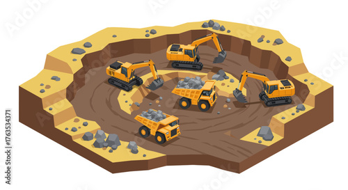 Isometric construction site with excavators and dump trucks in quarry setting