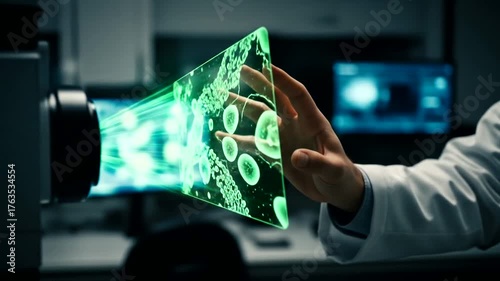 Scientist interacting with a holographic display of microorganisms in lab