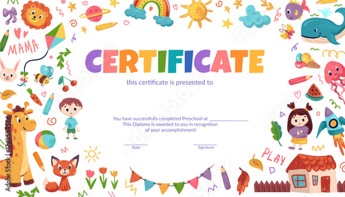 Colorful preschool and school diploma certificate for kids with doodle elements, crayon scribbles, and chalk drawings. Fun cartoon vector design for kindergarten or primary grade achievement award.