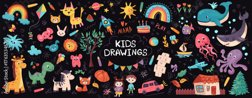 Cute crayon kid illustration. Hand drawn doodle children drawings. Cute kids background for your design, diploma, certificate. Vector cartoon elements on paper bg