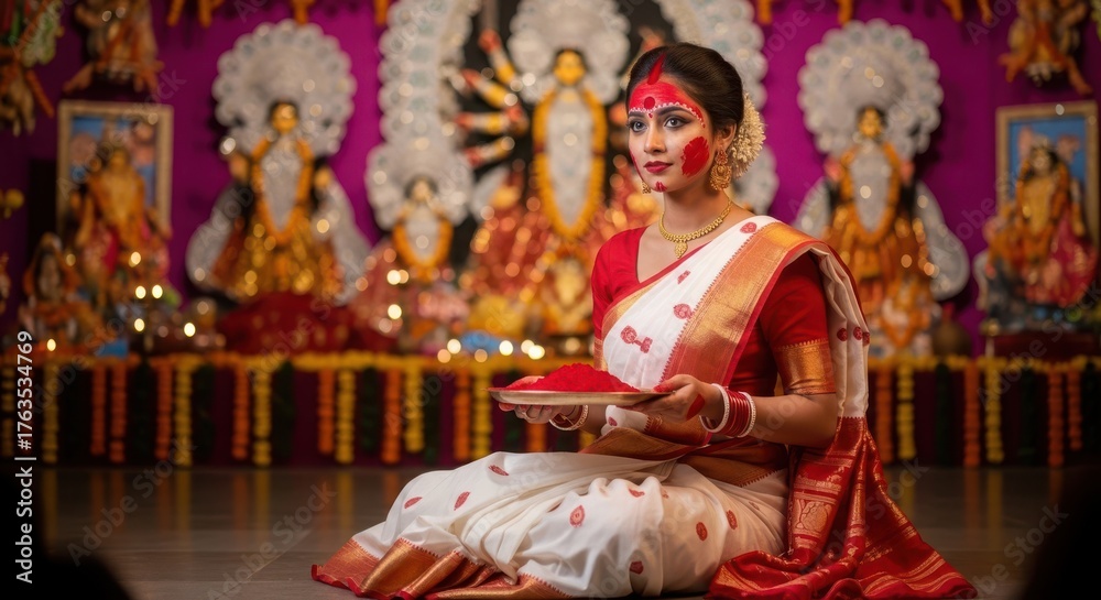 Obraz premium Durga Puja Celebration Bengali Woman Offer Vermilion Traditional Indian Festive Attire