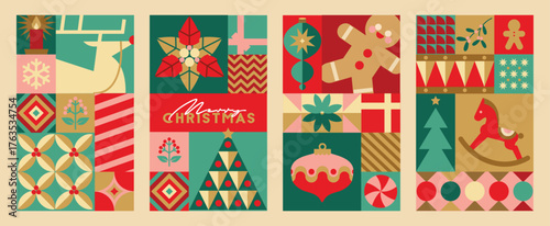 Set of Christmas patterns and elements in flat geometric style.  Christmas gift wrapper or advent calendar design.

