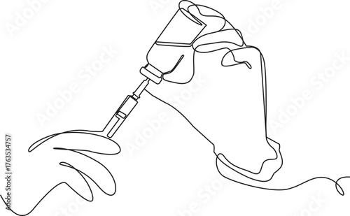 Continuous One Line Drawing of Hands in Gloves Preparing a Vaccine-one line drawing, continuous line, vaccine, syringe, injection, medical, healthcare, hands, doctor, nurse, vaccination, medicine, via