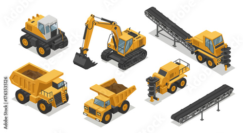 Isometric construction vehicles set featuring excavators, dump trucks, and co…