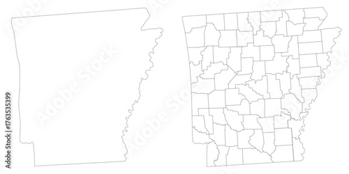 Arkansas state counties map set. Map of the US state of Arkansas with city in set white color.