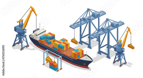 Isometric cargo ship and cranes with shipping containers at port