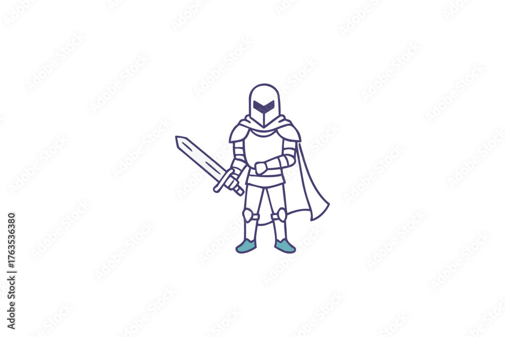 Fototapeta premium A simple line drawing depicts a medieval knight holding a sword
