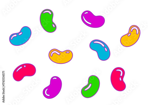 Cartoon fruity jelly beans. Chewy candy sweets with fruit flavors. Flat vector illustration set of colorful gummies for kids, desserts, party designs, and fun backgrounds.