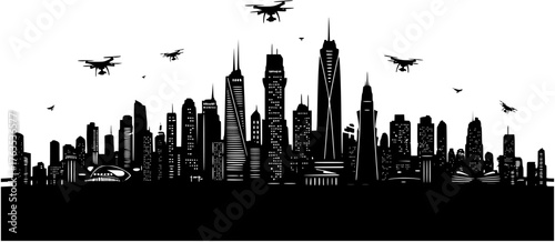 Drone Cityscape Silhouette: Aerial View of Urban Skyline Panorama and Future Technology Vector Illustration