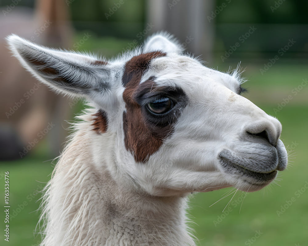 Fototapeta premium Gentle llama portrait with striking brown markings and soft gaze in a serene outdoor setting, perfect for nature and wildlife campaigns